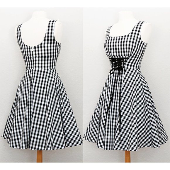 Gingham Checker Laced Up Waist Fit Flared Dress - Picture 2 of 8